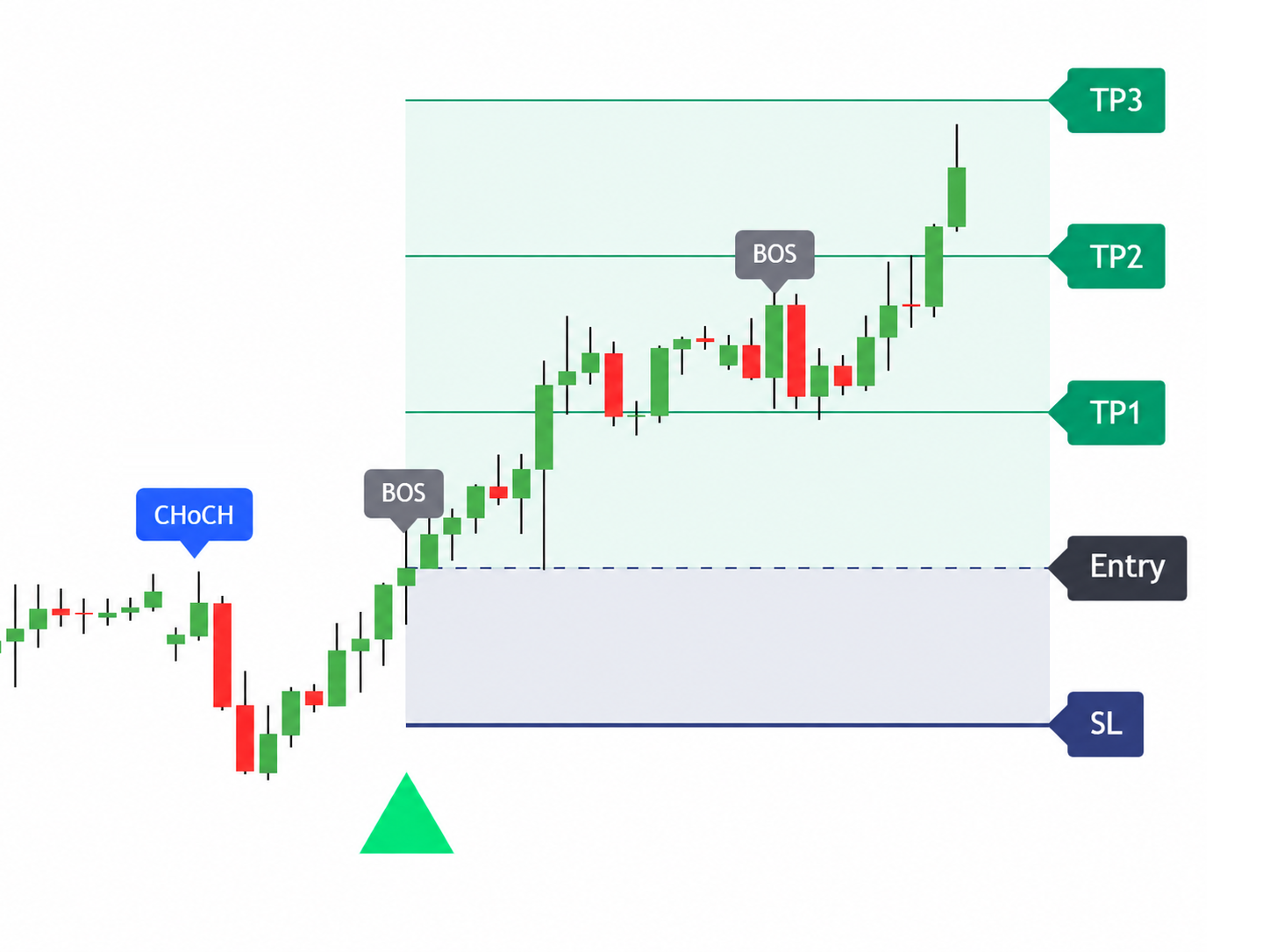 TST Nexus chart showing Break of Structure, Change of Character and detected market structure.
